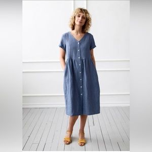 NWOT OffOn Linen Button Down Dress in Denim Blue